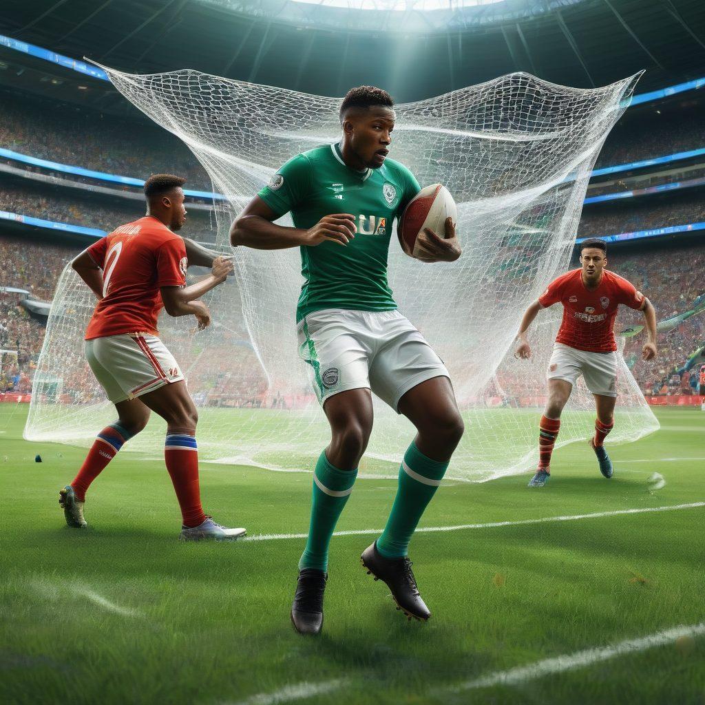 A dynamic football scene featuring a diverse group of players in action on the field, with one player getting aid from a medic, symbolizing insurance protection. In the background, a stylized chart illustrates growth, representing team development and safety. Use vibrant colors to convey energy and urgency, while adding subtle elements like a shield or safety net symbolizing protection. vivid colors. modern illustration. high detail.