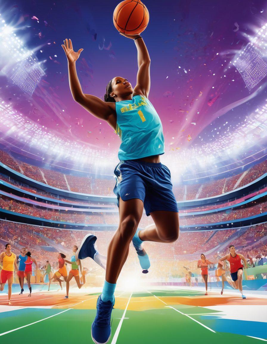 A dynamic illustration showcasing a diverse group of aspiring athletic superstars, each representing different sports, surrounded by insurance documents and premium charts, with a backdrop of a vibrant stadium. The scene conveys determination and ambition, highlighting the transition from policies to actionable insights. Incorporate bright colors to make the athletes pop against a lively, energetic atmosphere. vector art. vibrant colors.