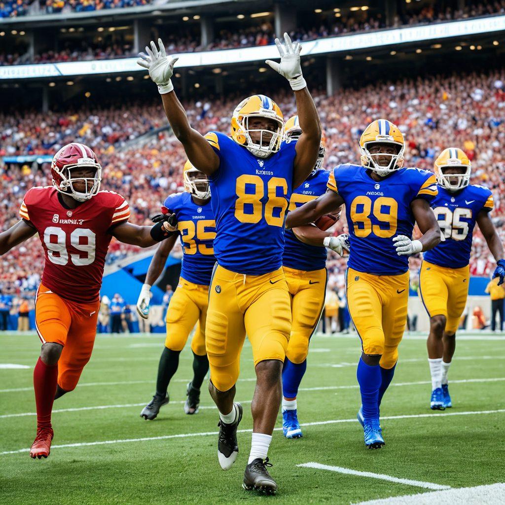 A dynamic football scene featuring a diverse team in action on the field, with players celebrating a touchdown. Incorporate elements symbolizing insurance, like a shield or protective gear subtly integrated into the background. Use bright colors to emphasize excitement and energy, with a stadium filled with cheering fans. super-realistic. vibrant colors. action-packed scene.